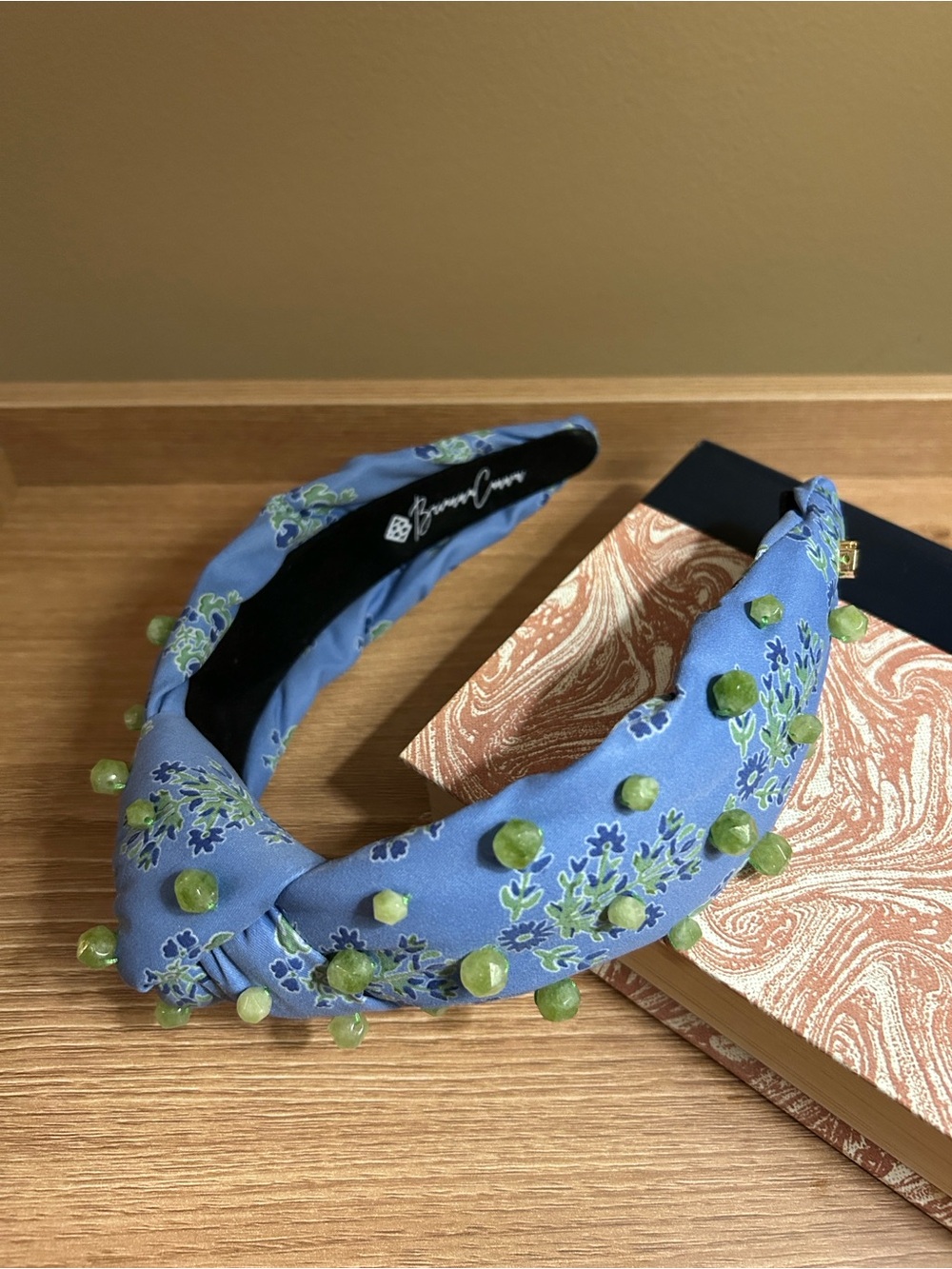 Brianna Cannon Blue Floral Twist Knot Headband with Green Stone Bead Detailing